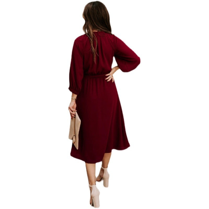 Office Dress Formal Loose Green Long Sleeve Belt A-line Midi Dresses