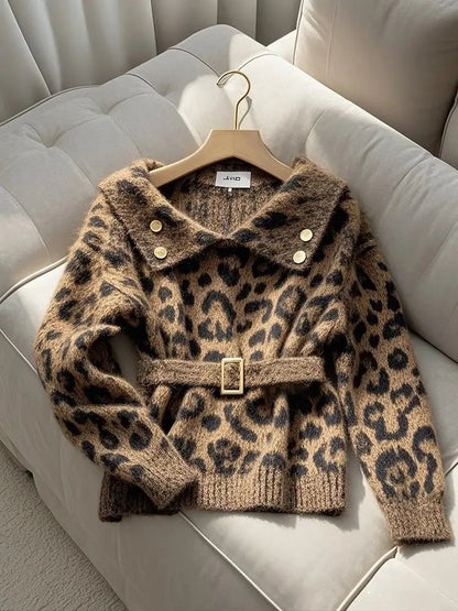 Leopard Brown Polo Collar Waist Belted Sweater Clothing Outerwear Winter New Loose Knitted Pullovers Tops