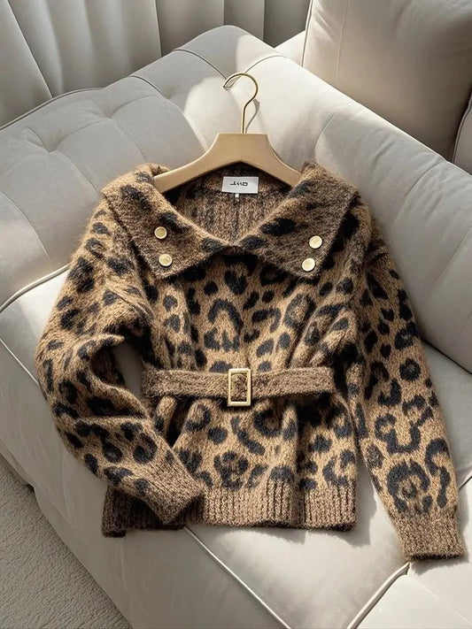 Leopard Brown Polo Collar Waist Belted Sweater Clothing Outerwear Winter New Loose Knitted Pullovers Tops