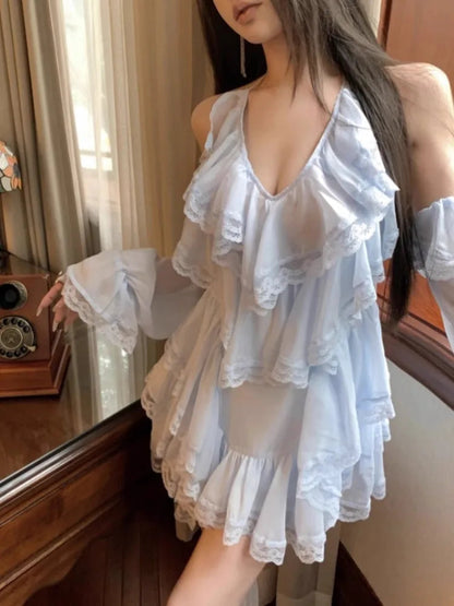Evening Dresses Sweet Lace Patchwork Ruffles V Neck Mini Dress Cocktail Bandage Backless Fairy