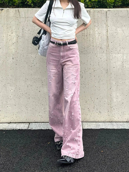 Woman Jeans Denim Pants French Elegance Baddie Gyaru High Street Ins Sweet Korean New Design Ripped Hole Color Loose