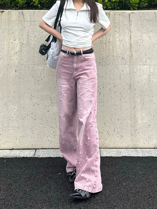 Woman Jeans Denim Pants French Elegance Baddie Gyaru High Street Ins Sweet Korean New Design Ripped Hole Color Loose