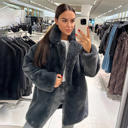Winter Faux Rabbit Fur Coat Brand Designer Thick Warm Outerwear Jacket Fur Collar Classic Dark Gray Overcoat