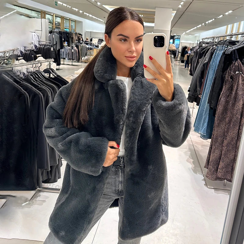 Winter Faux Rabbit Fur Coat Brand Designer Thick Warm Outerwear Jacket Fur Collar Classic Dark Gray Overcoat