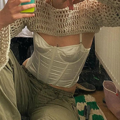 Short Knit Sweater Hollow Out Smock Crochet Crop Top Pullover Y2k Autumn Female Cloth