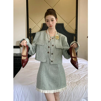 Autumn/winter New French Style Small Fragrant Style Coat+strap Camisole Dress High End Two Piece Set Outfits