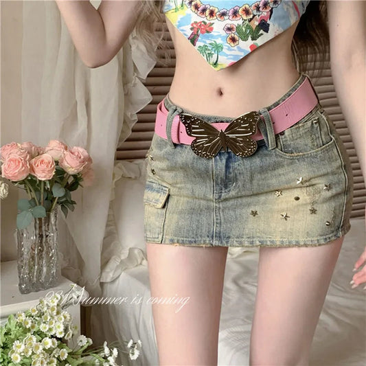 Y2k Willow Nail Heavy Industry Denim Skirt Summer New Low Waist Wrapped Hip Short Skirt