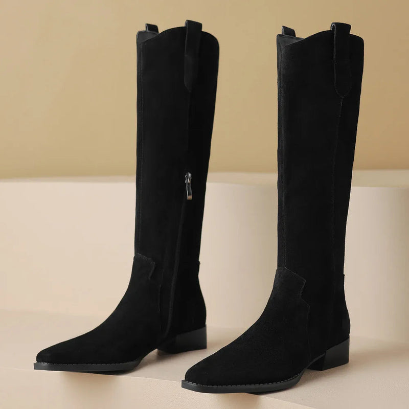 Natural Suede Leather Square Toe Side Zip Autumn Knee High Western Boots Female Long Boots Shoes