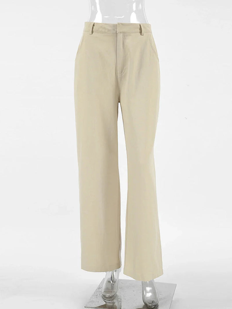Khaki Classic Wide Leg Pant High Waist Pocket Loose Simple Trouser Autumn Winter Pants New