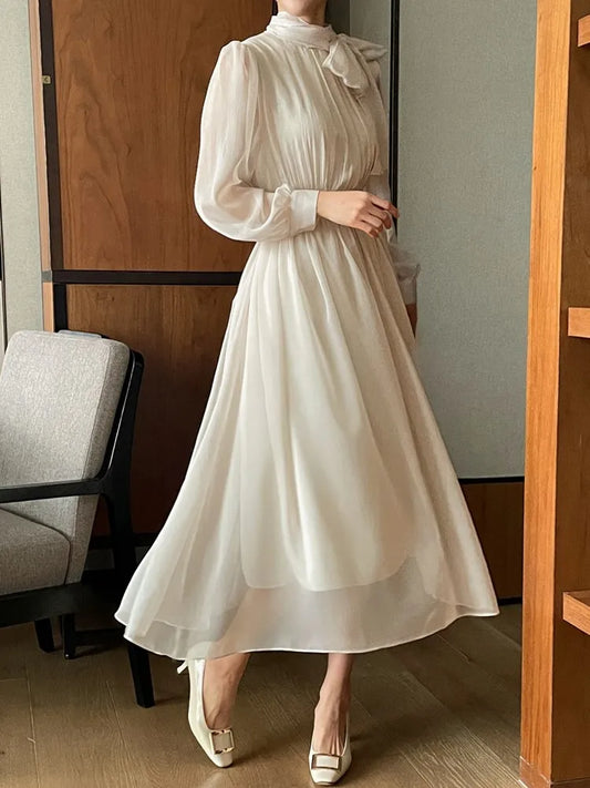 Midi Dresses for Long Sleeves Half High Collar Lace-up A-line Korean Autumn New One Piece Vestido Mujer