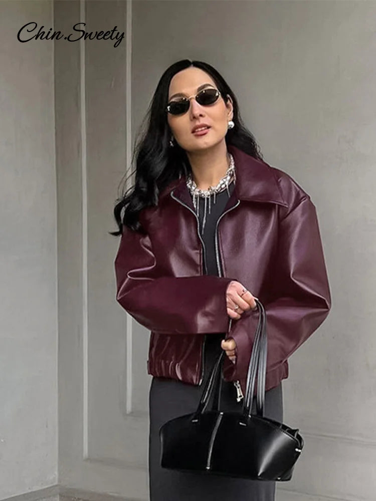 Lapel Leather Bomber Jacket Loose Zipper Long Sleeves Locomotive Coat Autumn New Lady High Street Outerwear
