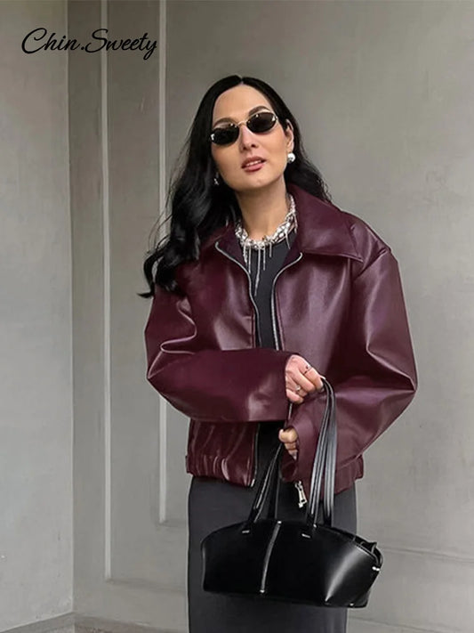 Lapel Leather Bomber Jacket Loose Zipper Long Sleeves Locomotive Coat Autumn New Lady High Street Outerwear
