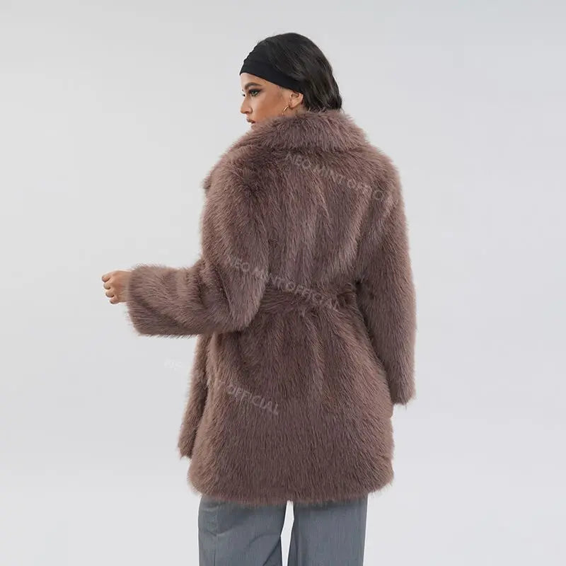 Brand Belted Long Fluffy Faux Fur Coat Winter Thicken Warm Lapel Fox Fur Collar Furry Jacket Overcoat