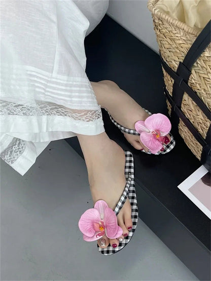 Summer Design Flower Geometric Clip Toe Low Flat Heels Slippers Flip Flops Party Shoes