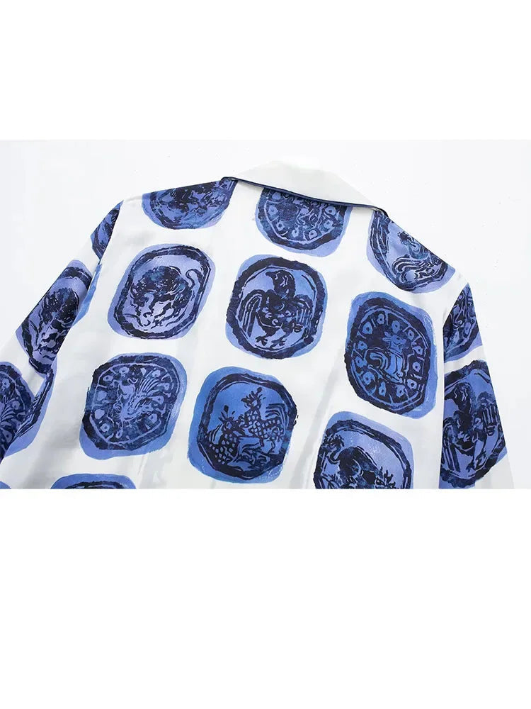 Summer Woman 2 Piece Set Printed V Neck Long Sleeve Top Singlebreasted Blouse Elastic High Waist Loose Pant