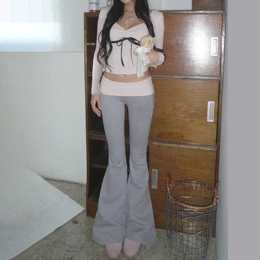 Korean Coquette Low Waisted Slim Autumn Sweatpants Basic Flare Trousers Cutecore Skinny Boot Cut Pants Outfits