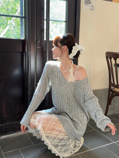 Sweet Hot Girl Pure Suit Autumn Vneck Mohair Sweater Halter Neck Lace Dress Twopiece Set Female Clothes
