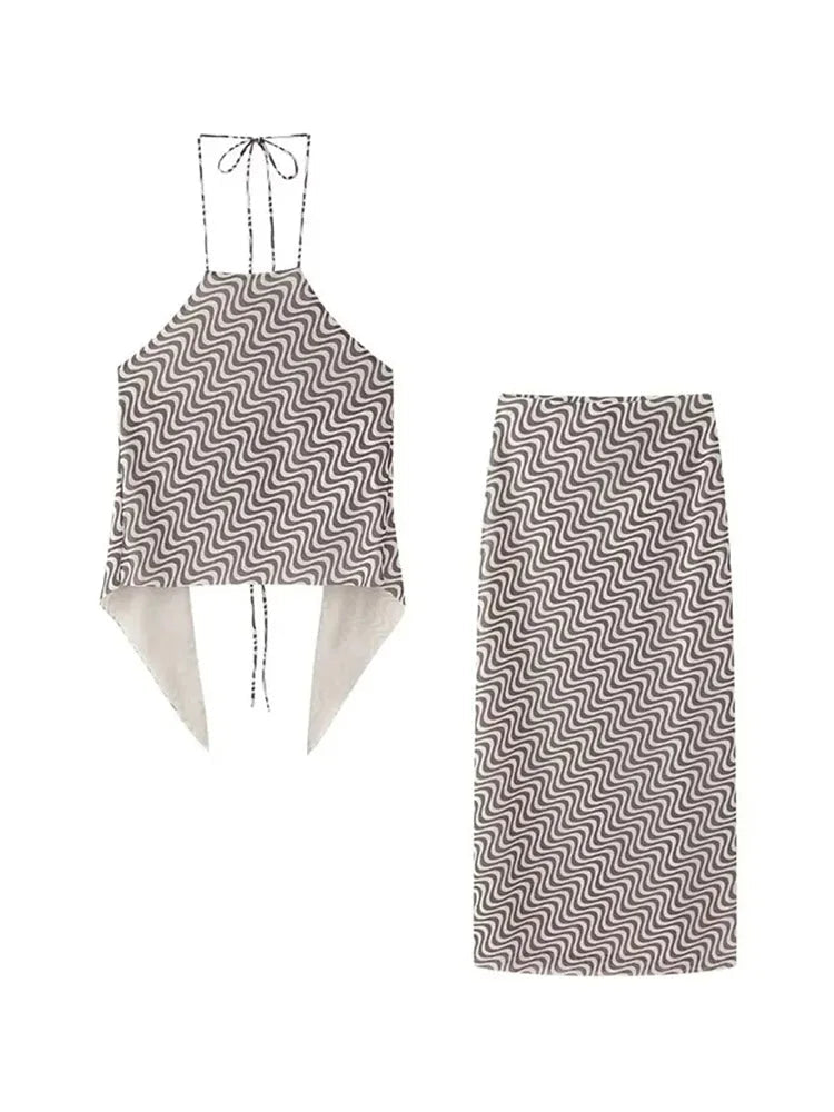Summer 2 Piece Set Wave Print Halter Tank Top Backless Lace Up Tops Female High Waist Pencil Skirts