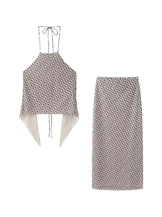 Summer 2 Piece Set Wave Print Halter Tank Top Backless Lace Up Tops Female High Waist Pencil Skirts