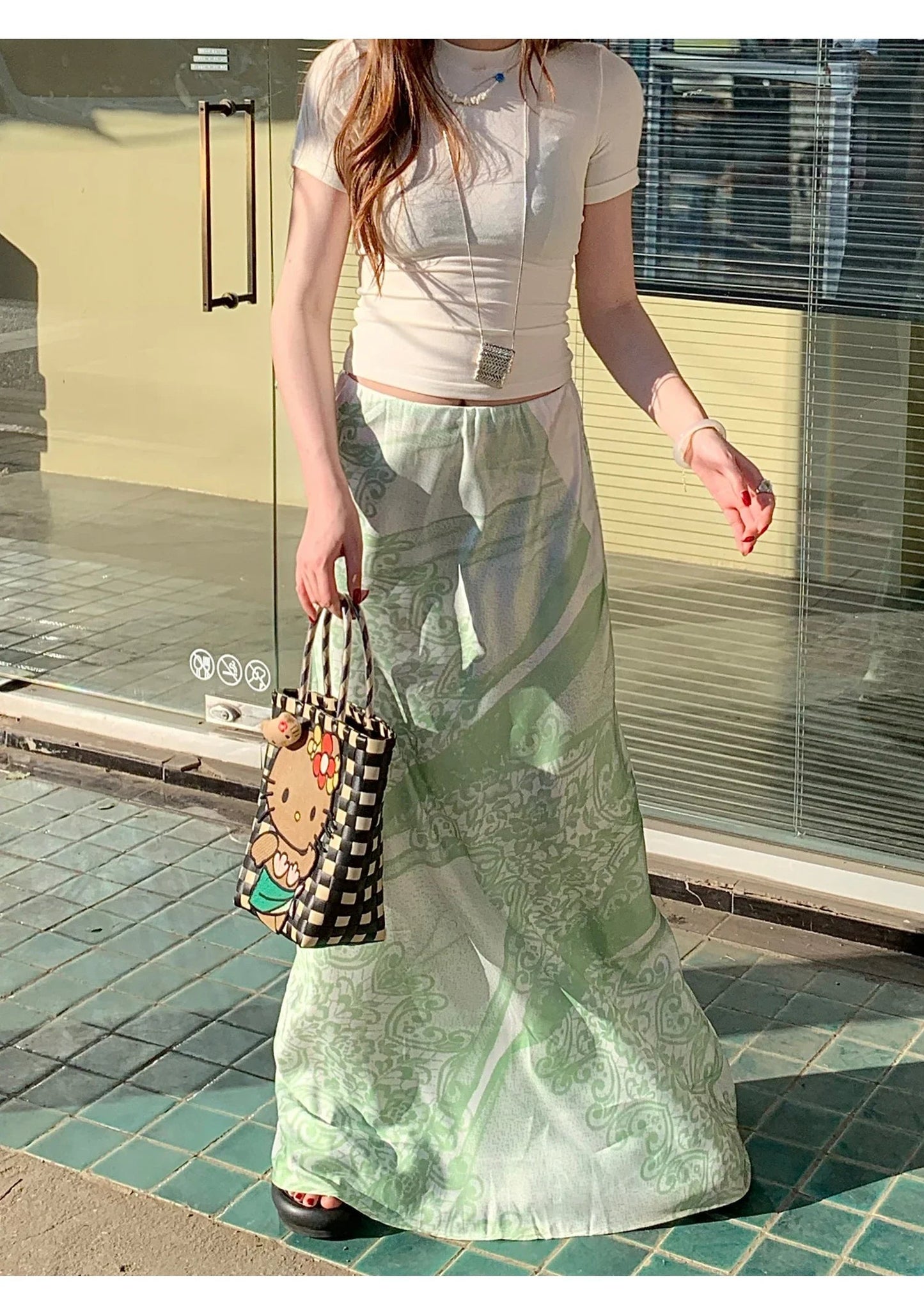 American Print Green Aline Skirt Summer New High Waist All Match Patchwork Midlength Skirt