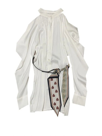 Youth Off Shoulder White Long Shirt Korean Dongdaemun Puff Sleeve Blouses Tops With Belted New