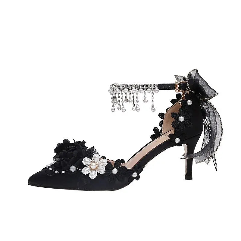 Lolita Brode Shoes New Pearl Rhinestone Pink High Heels for Sweet Flower Knot Bridal Wedding Shoes