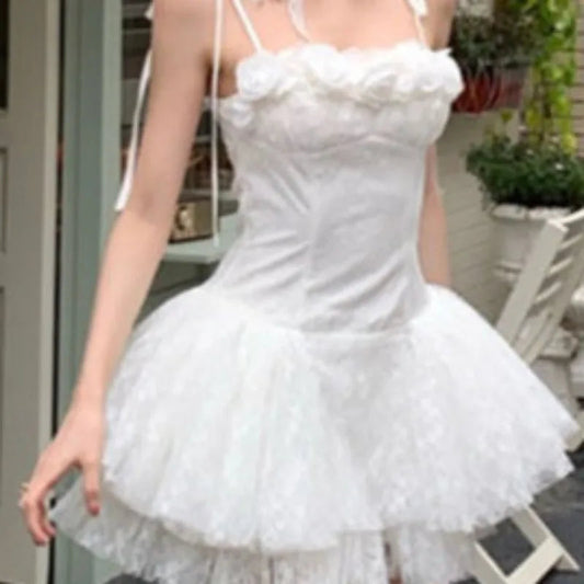 Mini Dresses Lace Patchwork Bow Sleeveless Slim Backless Mesh Sweet Party Dress Spring Summer Female