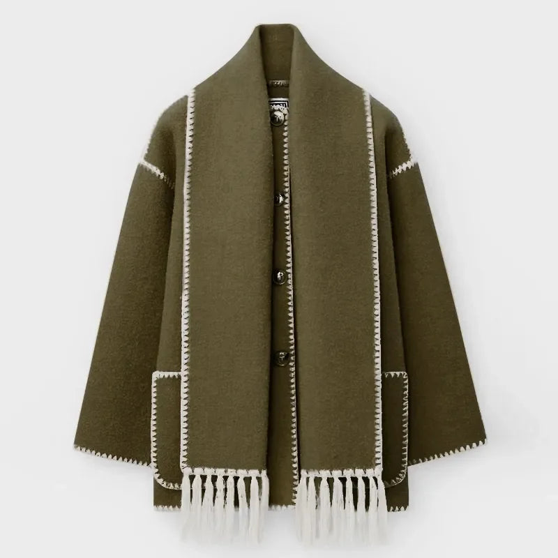 Loose Coat With Scarf Long Sleeve Pocket Single Breasted Female Coats Autumn Winter Lady Jacket