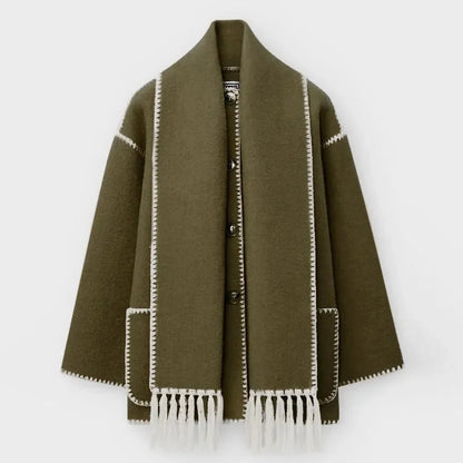 Loose Coat With Scarf Long Sleeve Pocket Single Breasted Female Coats Autumn Winter Lady Jacket