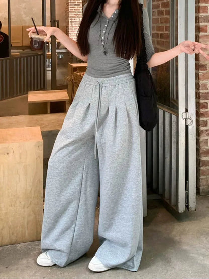 Gray High Waist Wide Sweatpants American Retro Y2k Harajuku Hip Hop Oversized Sports Pants Autumn