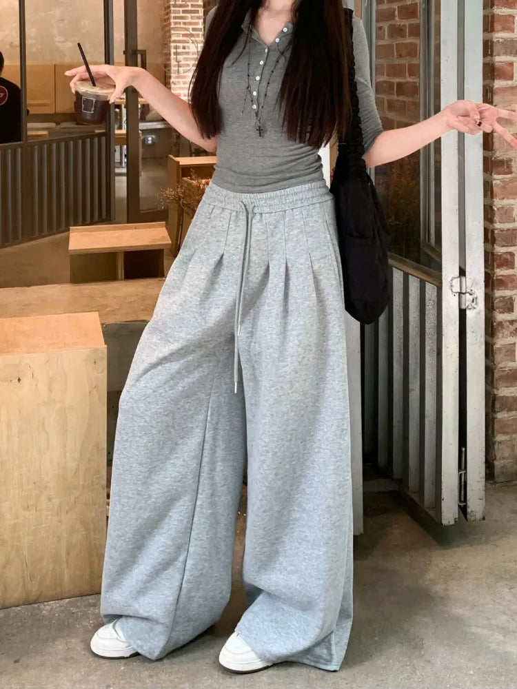 Gray High Waist Wide Sweatpants American Retro Y2k Harajuku Hip Hop Oversized Sports Pants Autumn