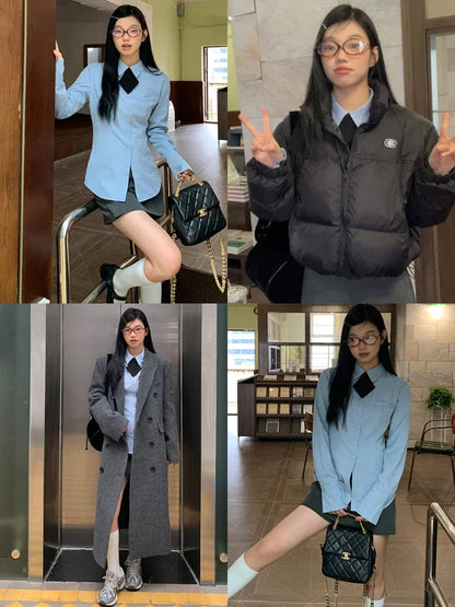 Harajuku Blue Shirts for Slim Button Up Blouse With Tie Spring Summer Preppy Style Long Sleeve Uniform Clothes New