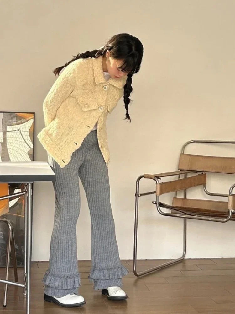 Simple Pit Strip Ruched Knitted Trousers Autumn High Waist Slim Fit Pants Y2k Grunge Loose Ruffles Wide Leg