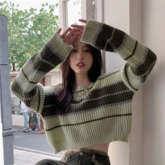 Striped Sweaters Autumn New Loose Knitted Pullover Y2k Grunge Long Sleeve Bottoming Tops