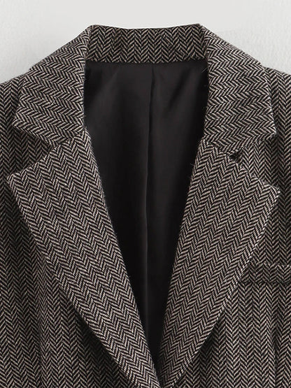 Herringbone Wool Tweed Suit Blazer New Single Breasted Lapel Jacket Autumn Winter Formal Coat Lady Outwears