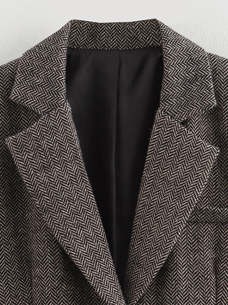 Herringbone Wool Tweed Suit Blazer New Single Breasted Lapel Jacket Autumn Winter Formal Coat Lady Outwears