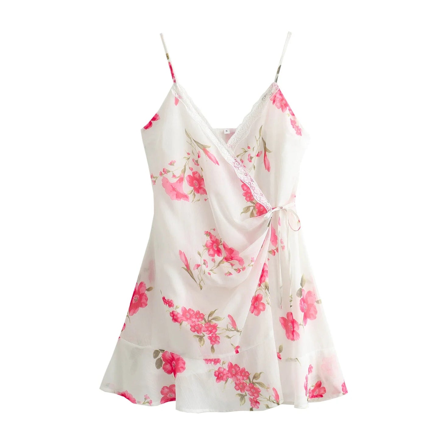 Summer Mini Dress Woman Print Vneck Slip Dresses Female Spaghetti Strap Laceup Slim Dress