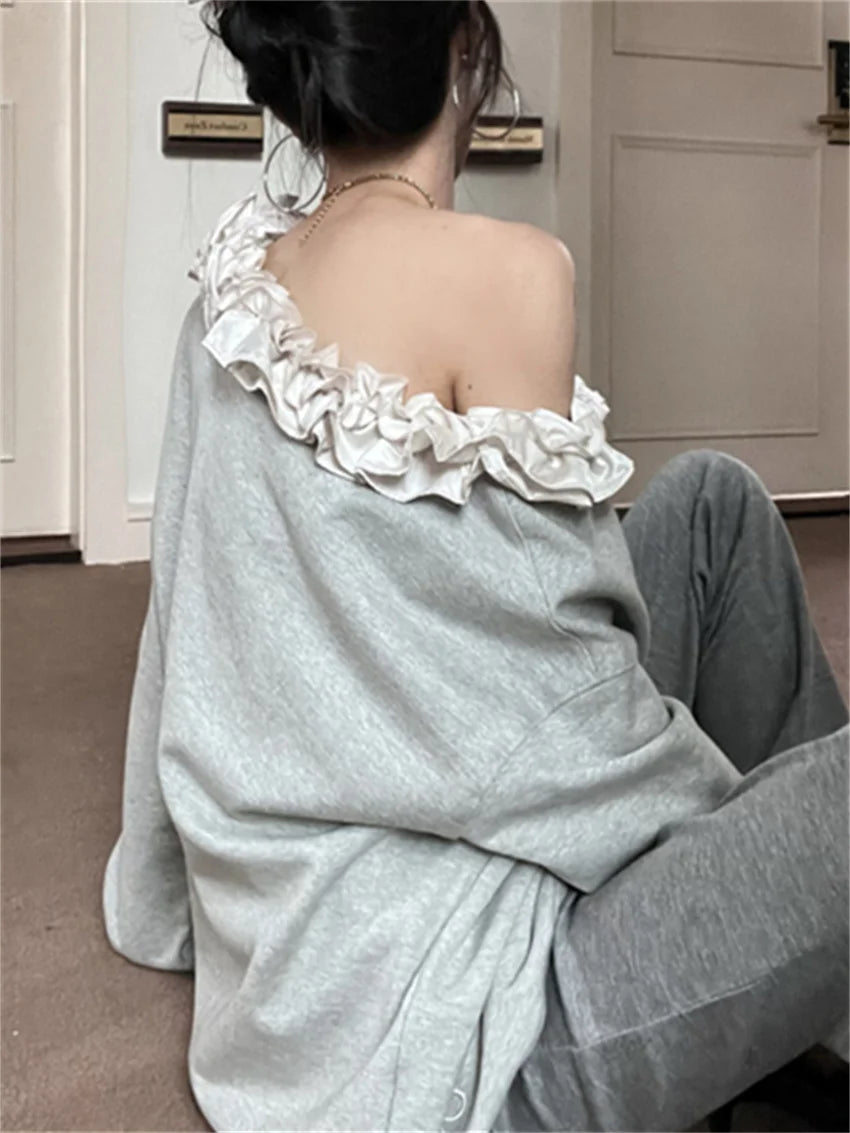 Grey Sweet Florals Sweatshirts Loose Spring Mujer Skew Collar New Daily All Match