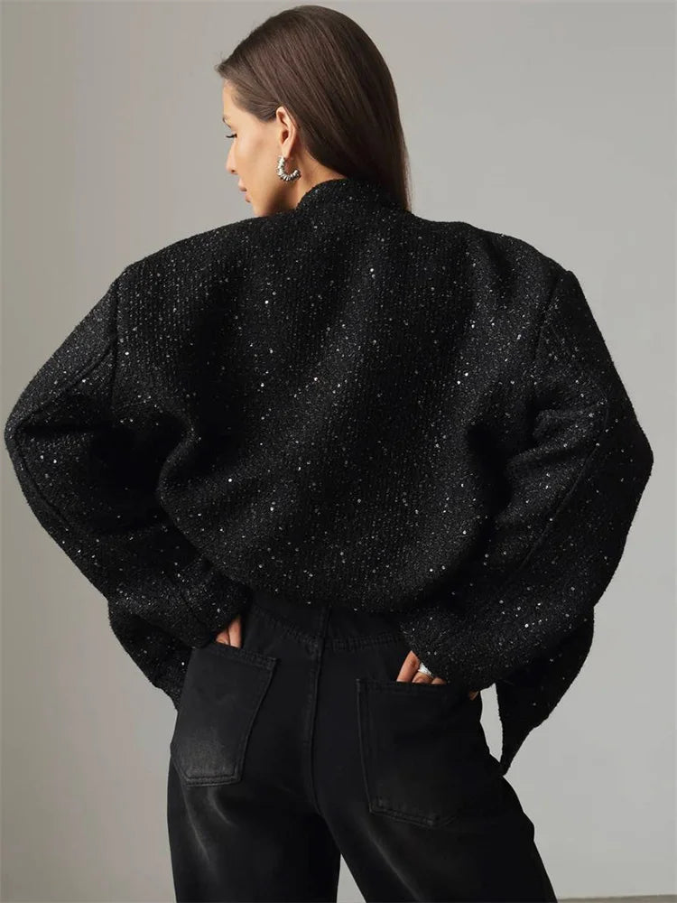 Black Sequin Outwear Female Loose Patchwork High Waist Long Sleeve Jacket Glitter Female Coat New