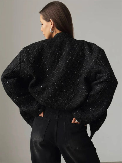 Black Sequin Outwear Female Loose Patchwork High Waist Long Sleeve Jacket Glitter Female Coat New