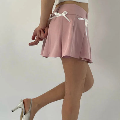 Europe and America Summer New French Style Sweet Bow Tie Up Half Aline Skirt Pleated Skirt