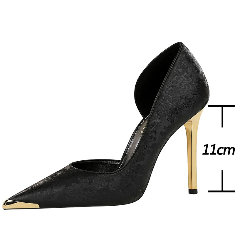 Shoes 11 Cm Heels Silks Satins Woman Pumps Metal Pointed Toe High Heels New Female Pumps Party Shoes