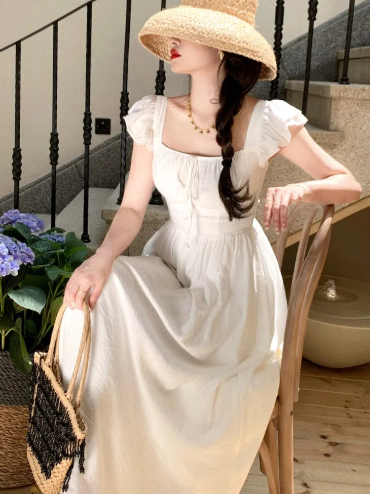 Midi Dresses for Summer New Square Collar High Waist Princess Party Dress A-line Vestido Mujer