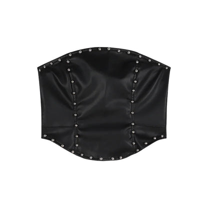 Summer New American Offshoulder Rivets Leather Camisole + High Waist Patchwork Shorts Twopiece Suit
