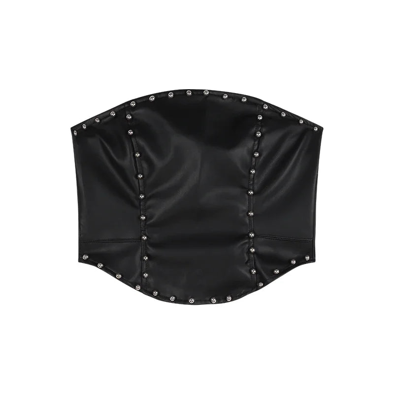 Summer New American Offshoulder Rivets Leather Camisole + High Waist Patchwork Shorts Twopiece Suit