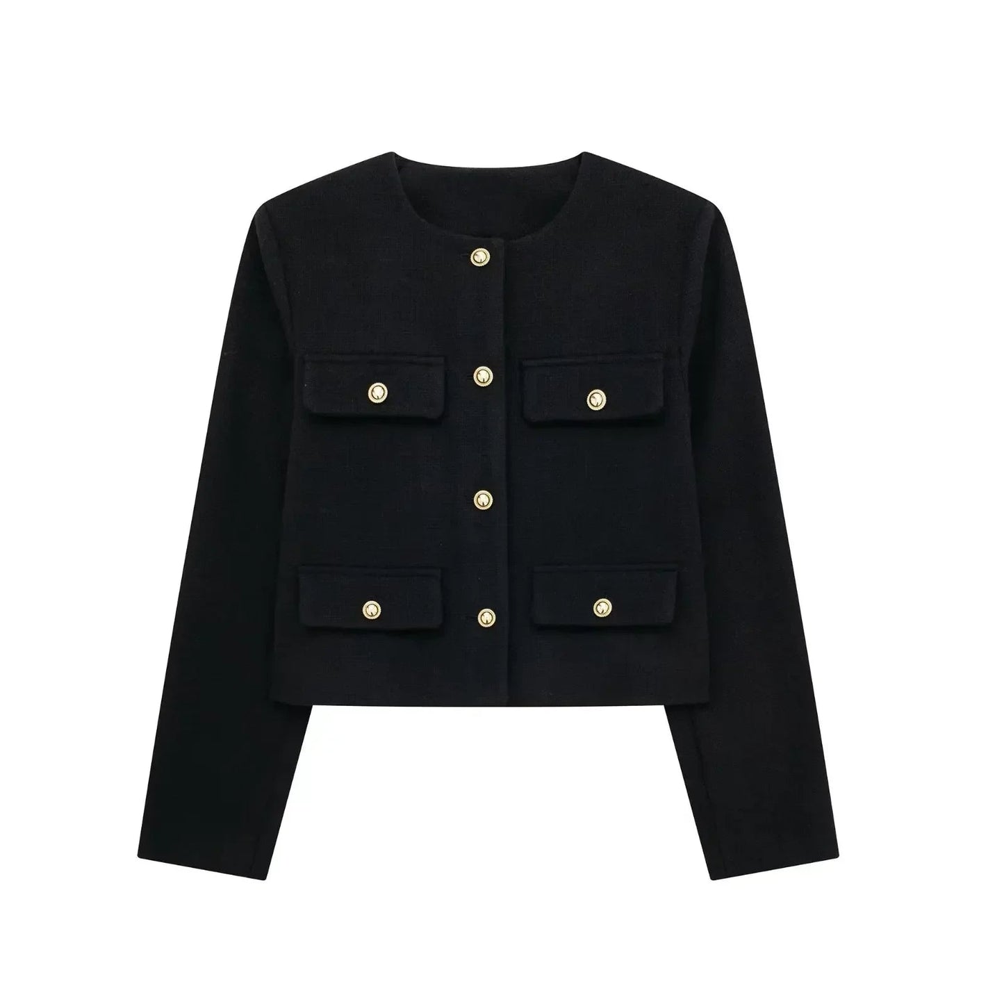 Button Fake Pocket Jacket O-neck Long Sleeve Single Breasted Cropped Coats New Lady Outerwear