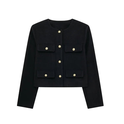 Button Fake Pocket Jacket O-neck Long Sleeve Single Breasted Cropped Coats New Lady Outerwear