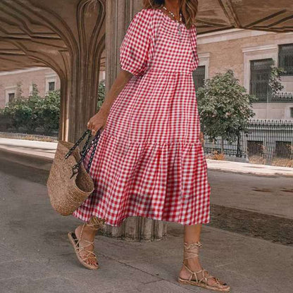 Summer New ’s Print Dress Puff Short Sleeves Ruffles Loose A-line Midi Dresses Beach Vacation Vestidos