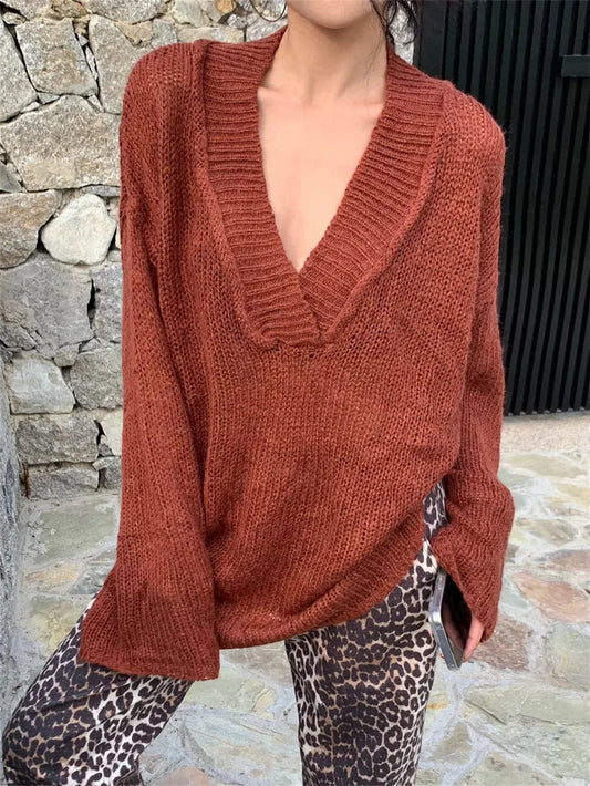Spring Lazy Style Sweaters Loose Vneck Pullovers New Oversize Knitted All Match