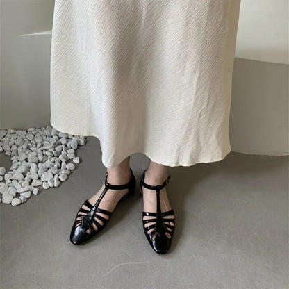 Tstrap Rome Flat Sandals Hollow Out Summer Mary Janes Shoes Pu Leather Holiday Gladiator Sandals